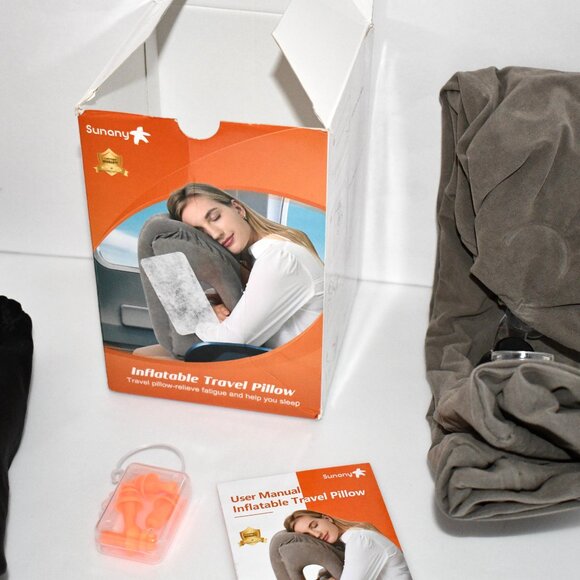 Sunany Travel Pillow, Inflatable Neck Pillow, with Eye Mask and Earplugs, Gray, - Picture 2 of 5